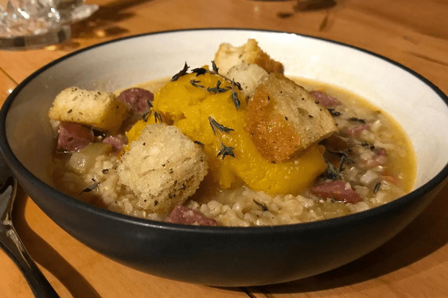 Delicata Squash Soup with Seared Brats
